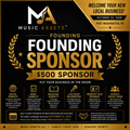 A promotional poster for Music Assets LLC's $500 Founding Sponsor program, featuring a black and gold design with text, icons, and laurel wreaths.