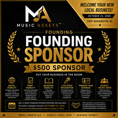 A promotional poster for Music Assets LLC's $500 Founding Sponsor program, featuring a black and gold design with text, icons, and laurel wreaths.
