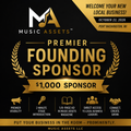 Promotional graphic for Music Assets premier founding sponsor offering $1,000. The design features a black background with gold and white text, laurel wreaths, and several feature icons at the bottom detailing the benefits of the sponsorship.