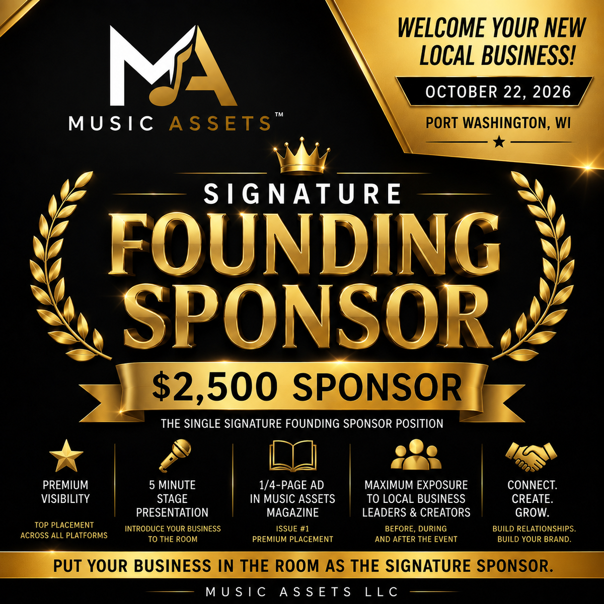 Promotional graphic for a Music Assets Signature Founding Sponsor, featuring a black and gold design with the text '$2,500 Sponsor' and event details for October 22, 2026, in Port Washington, WI.
